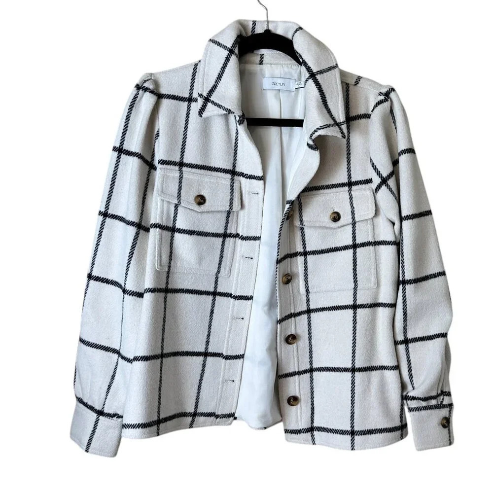 GREYLIN Cream Black Plaid Shacket Shirt Jacket Size Large Lined